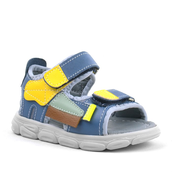 Rakerplus Hakiki Deri Mavi-Sarı Cırtlı Bebek Sandalet
