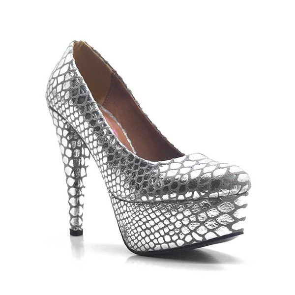 Gümüş Yılan Derisi Desenli Platform Topuk Kadın Ayakkabı