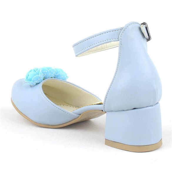 Bebe Mavi Çiçekli Kalın Topuklu Kız Çocuk Abiye Ayakkabı