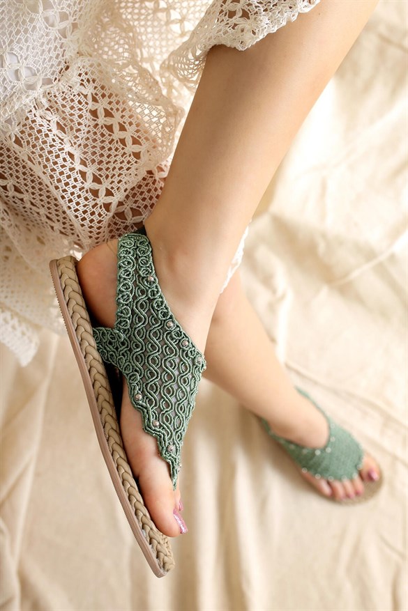 Blythe Yeşil Triko Taş Detaylı Eva Tabanlı Sandalet