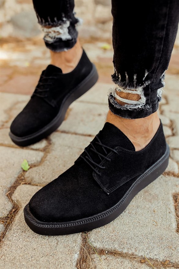 Siyah Taban Erkek Siyah Süet Yüksek Tabanlı Klasik Ayakkabı