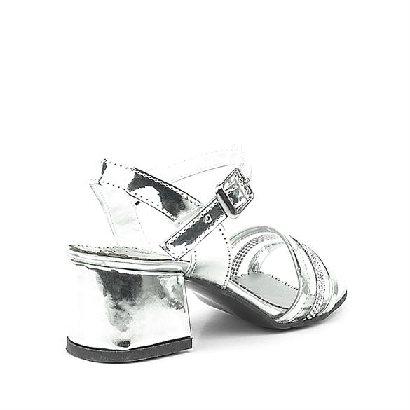 Gümüş Gri Rugan Taşlı Kalın Kız Çocuk Abiye Topuklu Ayakkabı