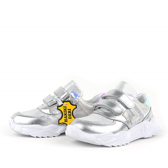 Rakerplus Hakiki Deri Kalın Tabanlı Parlak Gümüş Kız Çocuk Spor Ayakkabı Sneaker