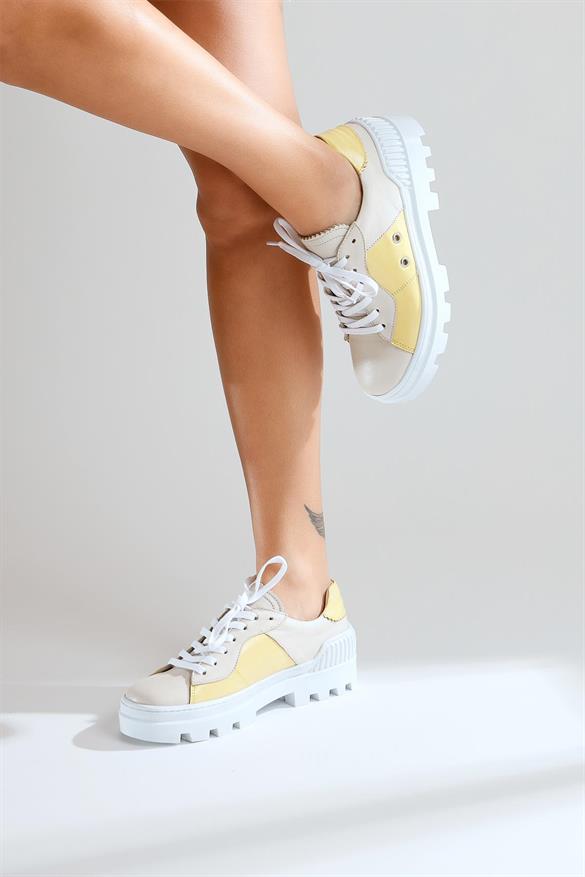 Hakiki Deri Narina Bej Sarı Bağcıklı Spor Ayakkabı