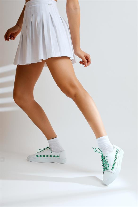 Hakiki Deri Rihani Beyaz Yeşil Bağcıklı Spor Ayakkabı
