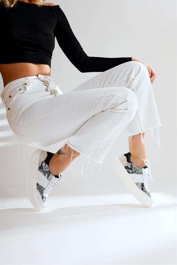 Hakiki Deri Runis Beyaz Yılan Sneakers Spor Ayakkabı