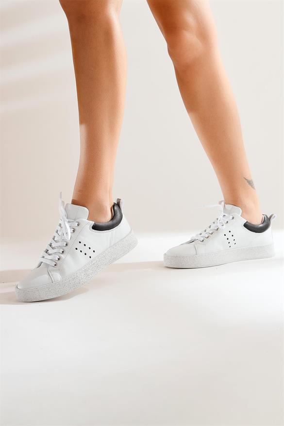 Hakiki Deri Terri Beyaz Sneakers Spor Ayakkabı