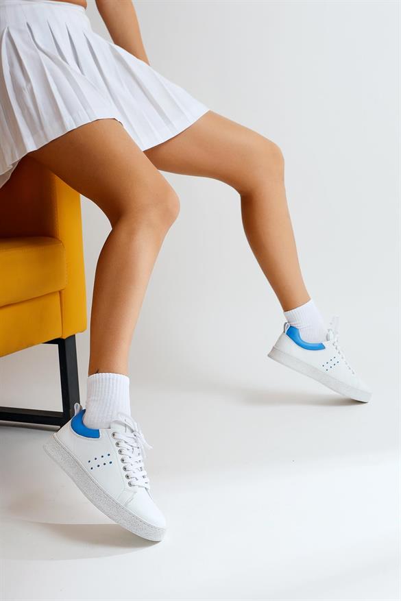 Hakiki Deri Willy Beyaz Mavi Sneakers Spor Ayakkabı