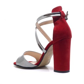 Kırmızı Süet-Gümüş Tek Bantlı Kadın Topuklu Abiye Ayakkabı