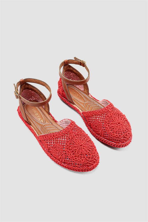 Lorraine Kırmızı Örgü Detaylı Triko Bilekten Baretli Kadın Sandalet