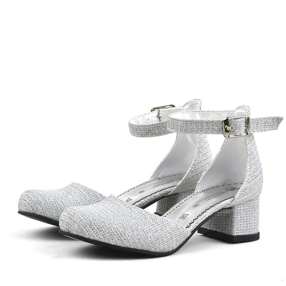 Merida Gümüş Simli Kalın Topuklu Kız Çocuk Topuklu Ayakkabı