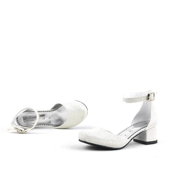Merida Kırık Beyaz Simli Kalın Topuklu Kız Çocuk Topuklu Ayakkabı