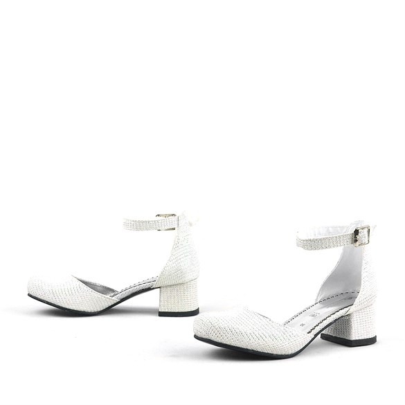 Merida Kırık Beyaz Simli Kalın Topuklu Kız Çocuk Topuklu Ayakkabı