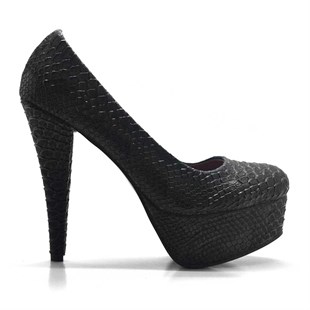 Siyah Yılan Derisi Desenli Platform Topuk Kadın Ayakkabı