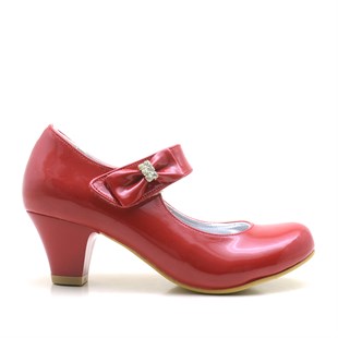 Rugan Taşlı Kırmızı Topuklu Kız Çocuk Abiye Ayakkabı