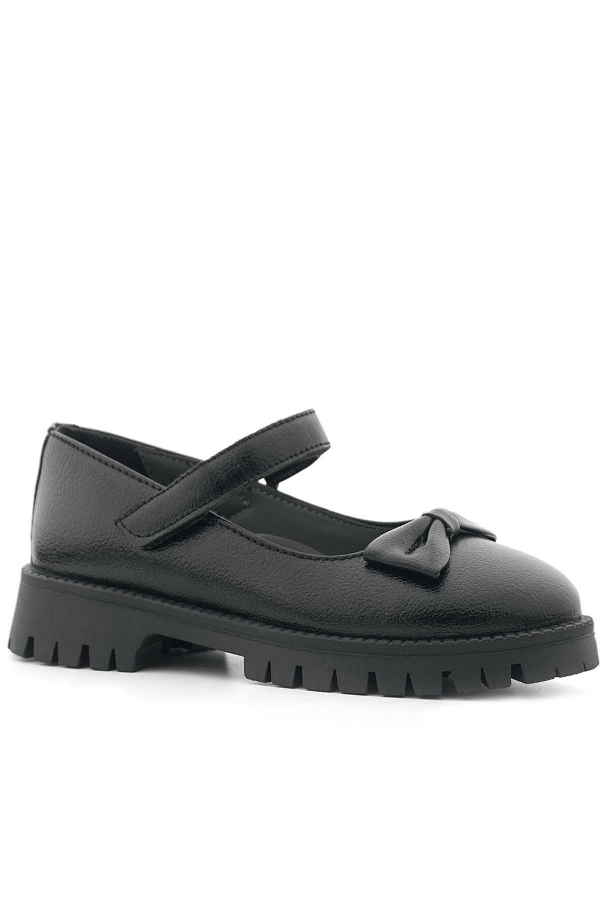 Rakerplus Siyah Kırışık Rugan Kalın Tabanlı Cırtlı Kız Çocuk Babet