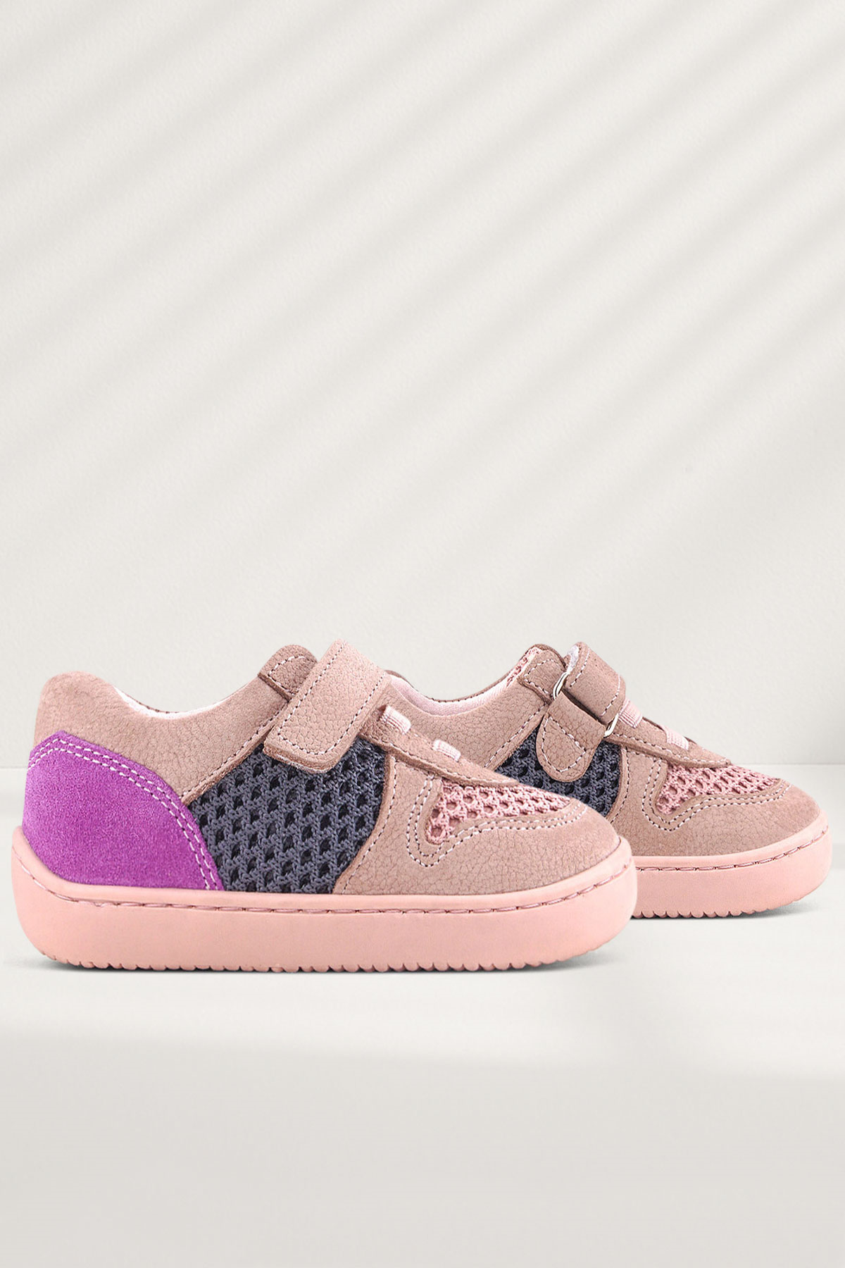 Rakerplus Bob Hakiki Deri Pudra Gri Mor Barefoot Cırtlı Lastikli Bebek Sneaker Ayakkabı