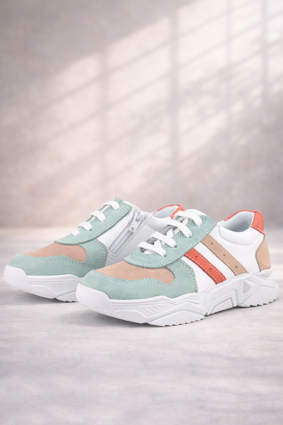 Rakerplus Hakiki Deri Yeşil Pembe Kız Çocuk Sneakers Ayakkabı