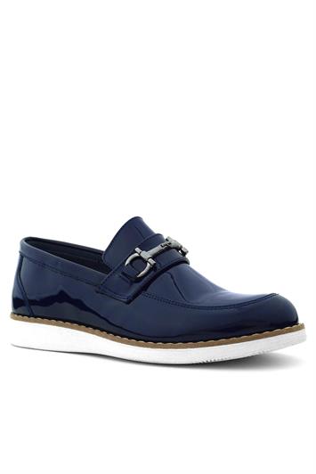 Rakerplus Hakiki Deri Lacivert Rugan Beyaz Tabanlı Loafer Çocuk Klasik Ayakkabı