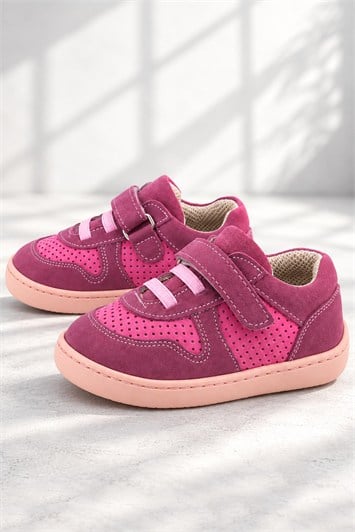 Rakerplus Bob Hakiki Deri Barefoot Cırtlı Lastikli Pembe Kız Bebek Sneakers Ayakkabı