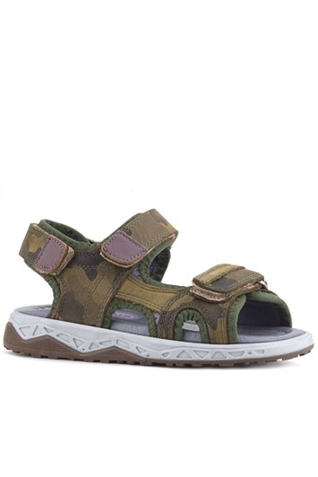 Rakerplus Hakiki Deri Haki Yeşil Kamuflaj Desenli Cırtlı Çocuk Sandalet
