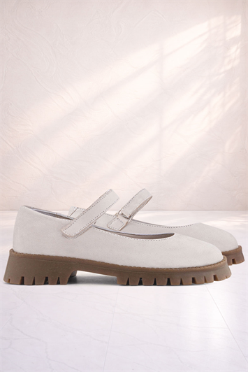 Rakerplus Hakiki Deri Krem Nubuk Cırtlı Kalın Tabanlı Kız Çocuk Okul Ayakkabısı