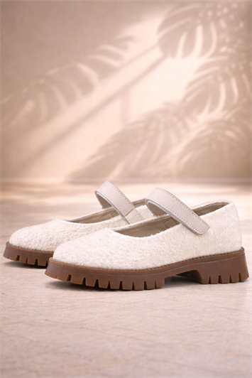 Rakerplus Krem Cırtlı Kalın Tabanlı Kız Çocuk Peluş Babet Ayakkabısı