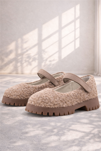 Rakerplus Bej Cırtlı Kalın Tabanlı Kız Çocuk Pofuduk Peluş Babet Ayakkabısı