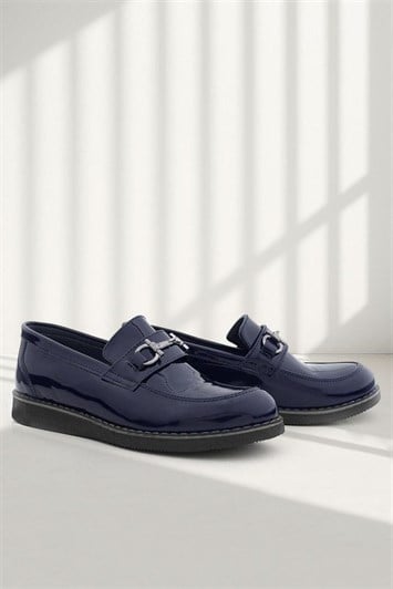 Rakerplus Hakiki Deri Lacivert Rugan Tokalı Loafer Çocuk Klasik Ayakkabı
