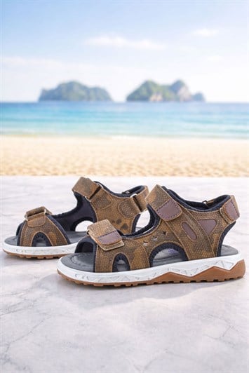 Rakerplus Hakiki Deri Kum Kahve Kamuflaj Desenli Cırt Cırtlı Çocuk Sandalet