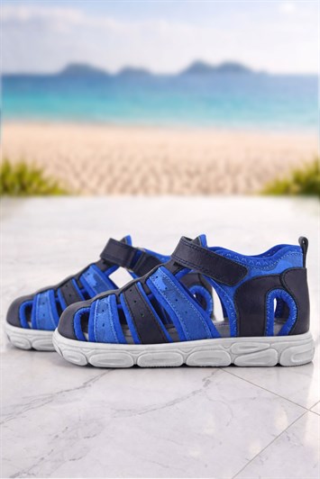 Rakerplus Hakiki Deri Saks Mavi Cırt Cırtlı Erkek Çocuk Sandalet