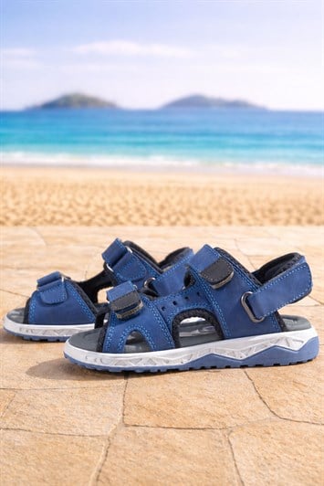 Rakerplus Hakiki Deri Mavi Rahat Tabanlı Cırtlı Çocuk Sandalet Ayakkabı