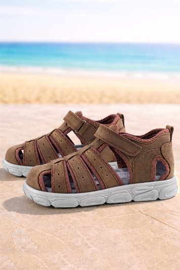 Rakerplus Hakiki Deri Kahverengi Süet Cırt Cırtlı Erkek Çocuk Sandalet