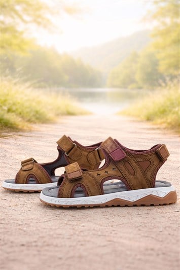 Rakerplus Hakiki Deri Kahve Taba Cırt Cırtlı Çocuk Sandalet Ayakkabı