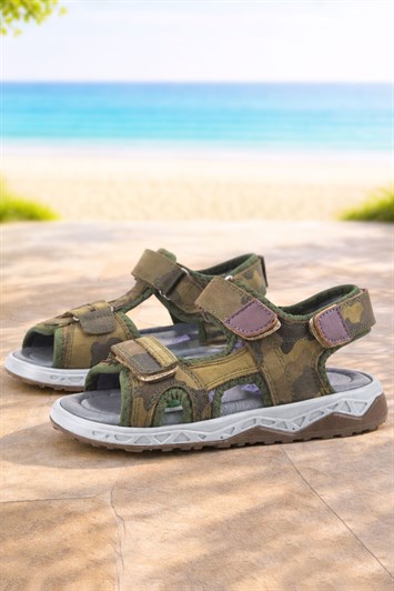 Rakerplus Hakiki Deri Haki Yeşil Kamuflaj Desenli Cırtlı Çocuk Sandalet