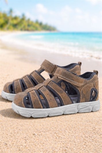 Rakerplus Hakiki Deri Kum Rengi Desenli Cırt Cırtlı Erkek Çocuk Sandalet