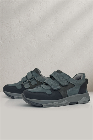 Rakerplus Hakiki Deri Koyu Gri Siyah Çocuk Cırtlı Sneakers Spor Ayakkabı