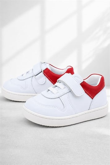 Rakerplus Bob Hakiki Deri Beyaz Nubuk Kırmızı Cırtlı Bebek Sneaker Ayakkabı