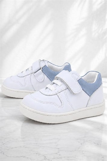 Rakerplus Bob Hakiki Deri Beyaz Nubuk Mavi Cırtlı Bebek Sneaker Ayakkabı