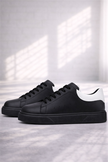 Rakerplus Siyah Cilt Bağcıklı Hafif Siyah Tabanlı Çocuk Spor Ayakkabı