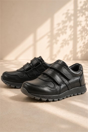 Hakiki Deri Siyah Cırtlı Spor Çocuk Ayakkabı Sneaker