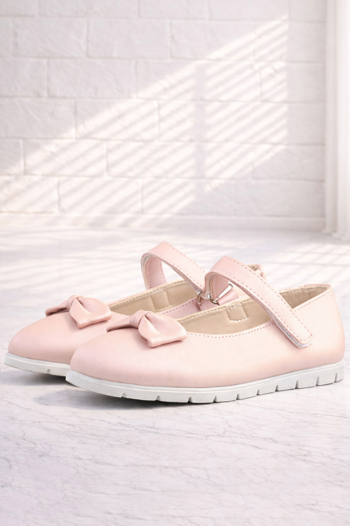 Rakerplus Pudra Pembe Fiyonklu Cırtlı Kız Çocuk Babet Ayakkabı