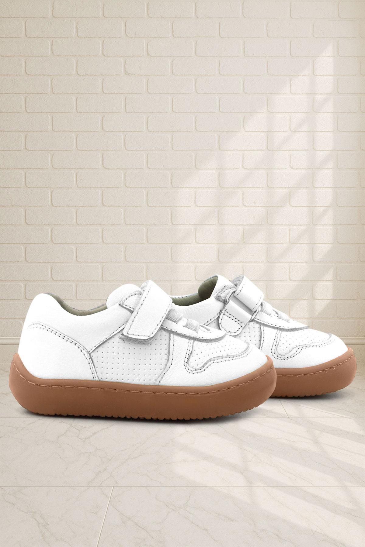 Rakerplus Bob Hakiki Deri Beyaz Barefoot Cırtlı Lastikli Bebek Sneaker Ayakkabı