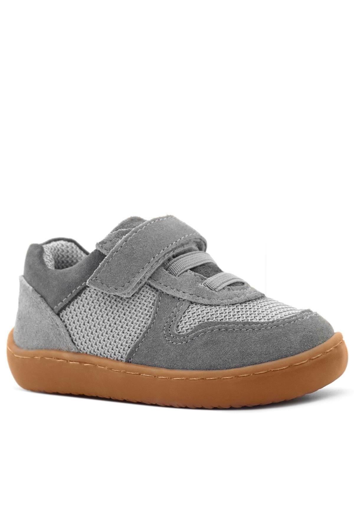Rakerplus Bob Hakiki Deri Gri Barefoot Cırtlı Lastikli Bebek Sneaker Ayakkabı