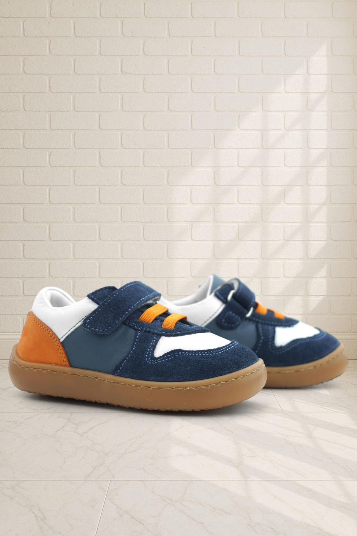 Rakerplus Bob Hakiki Deri Lacivert Beyaz Barefoot Cırtlı Lastikli Bebek Sneaker Ayakkabı