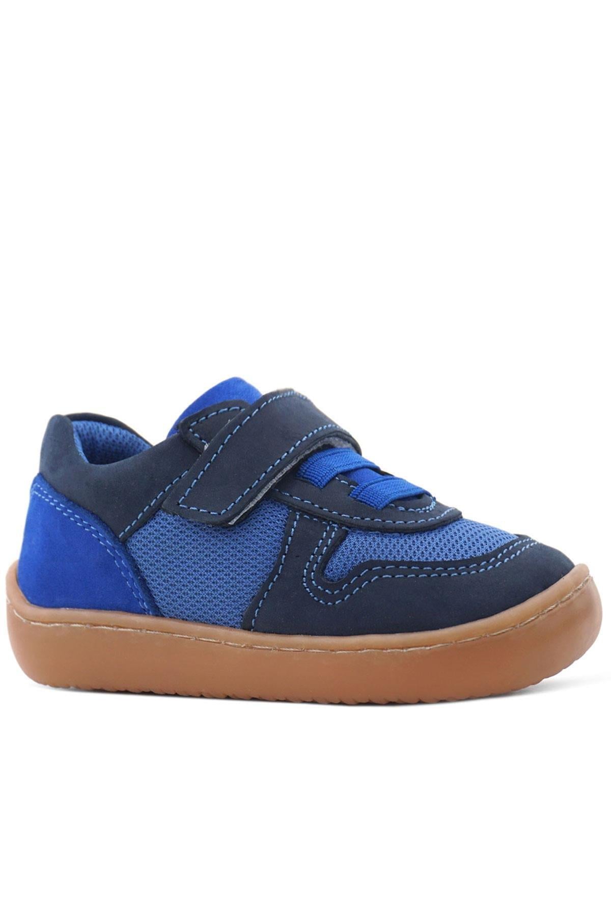 Rakerplus Bob Hakiki Deri Lacivert Mavi Barefoot Cırtlı Lastikli Bebek Sneaker Ayakkabı