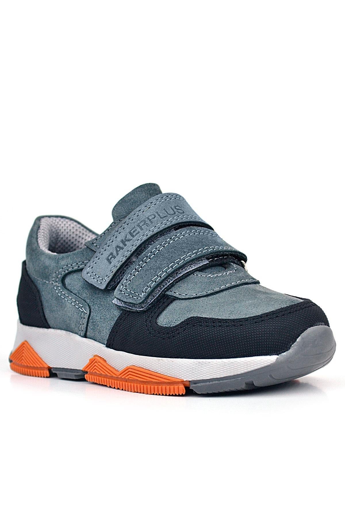 Rakerplus Hakiki Deri Koyu Gri Çocuk Cırtlı Sneakers Spor Ayakkabı
