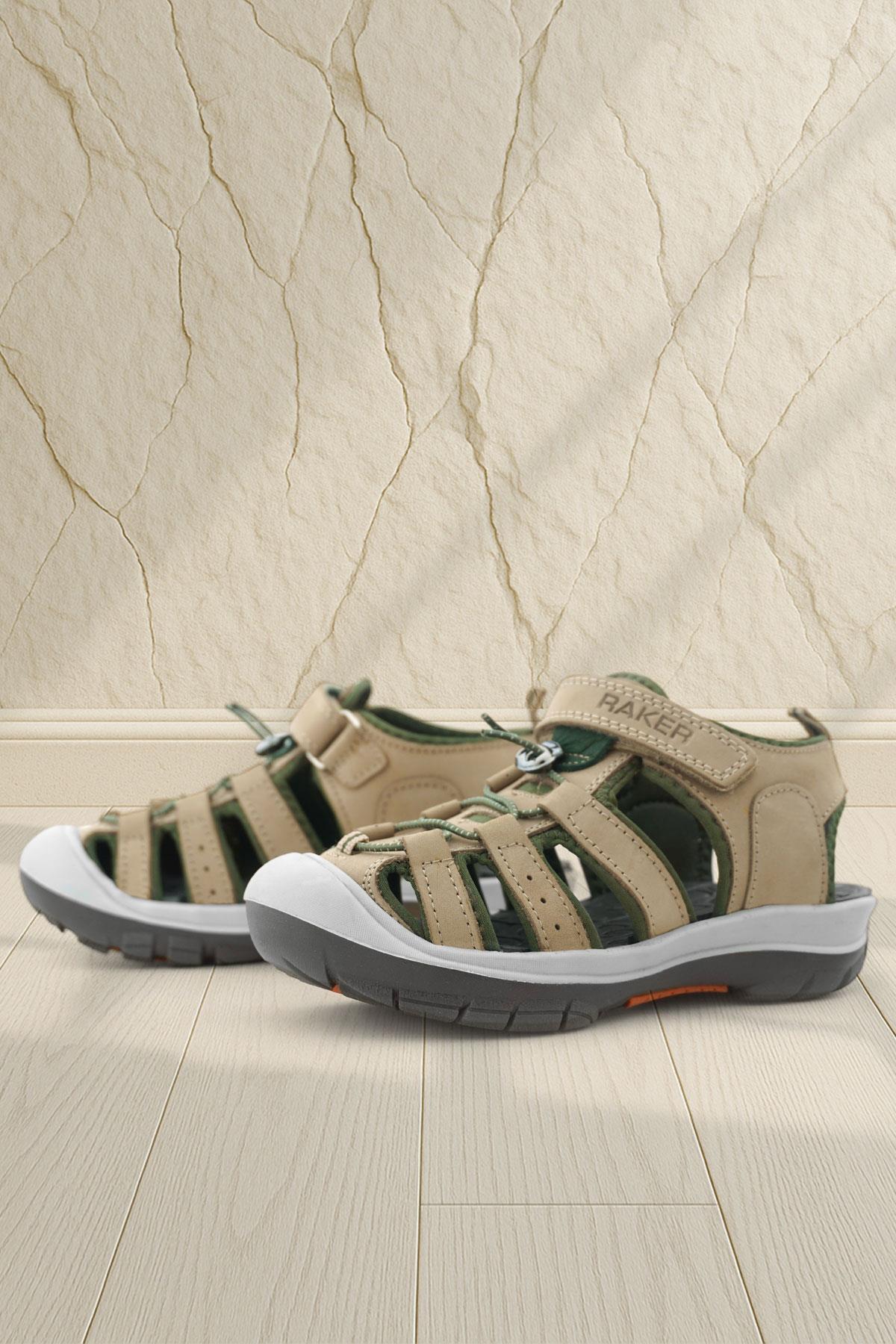 Rakerplus Hakiki Deri Kum Rengi Haki Yeşil Çocuk Sandalet