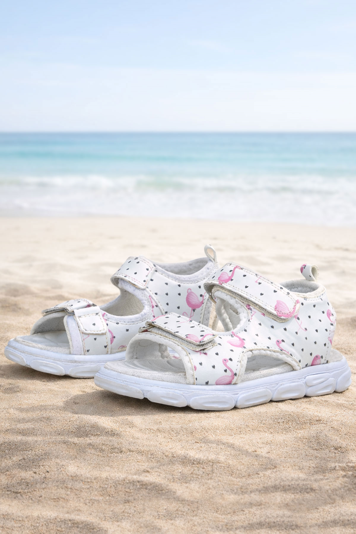 Rakerplus Beyaz Flamingo Cırtlı Bebek Sandalet Ayakkabı