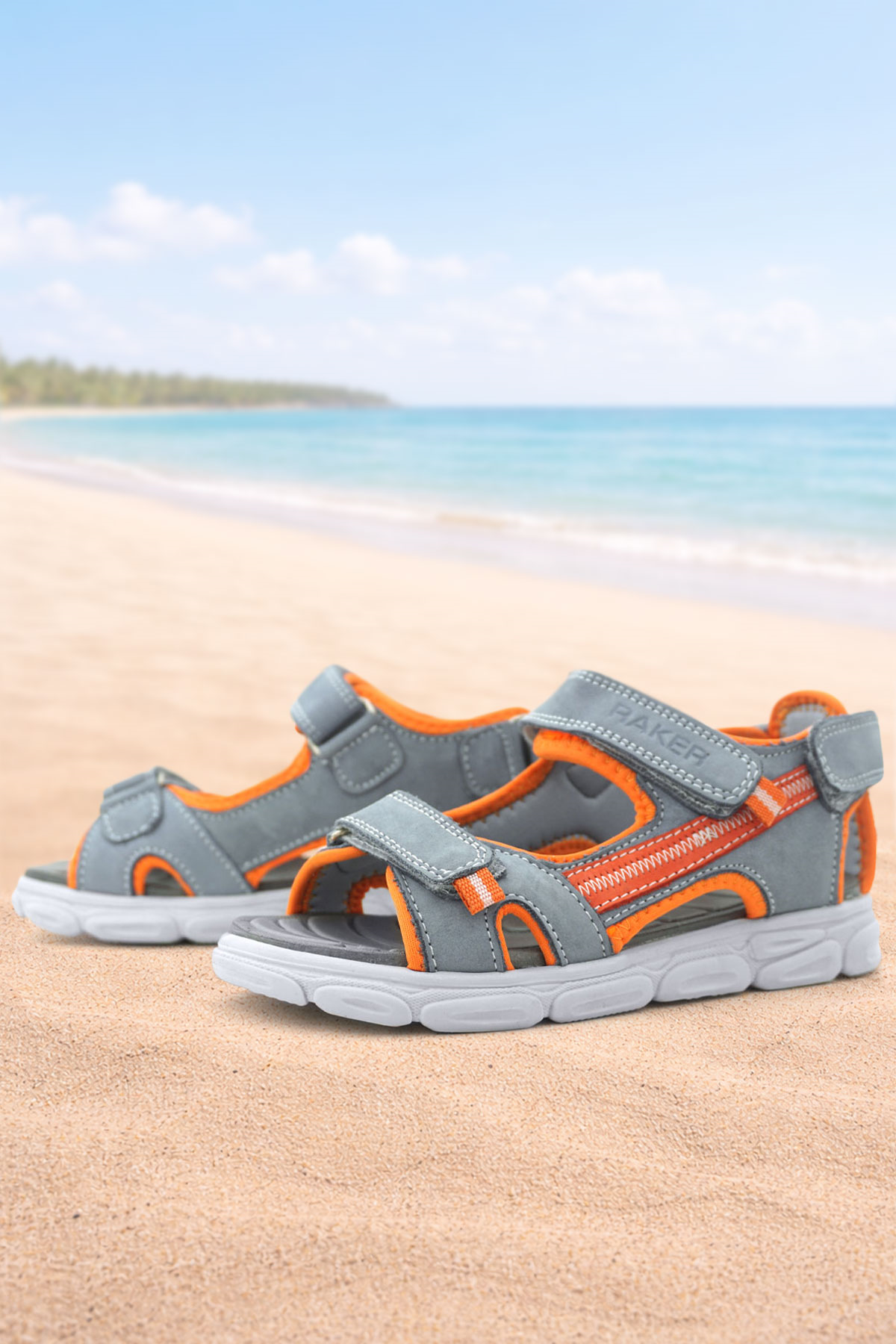 Hakiki Deri Gri Turuncu Çocuk Sandalet Ayakkabı
